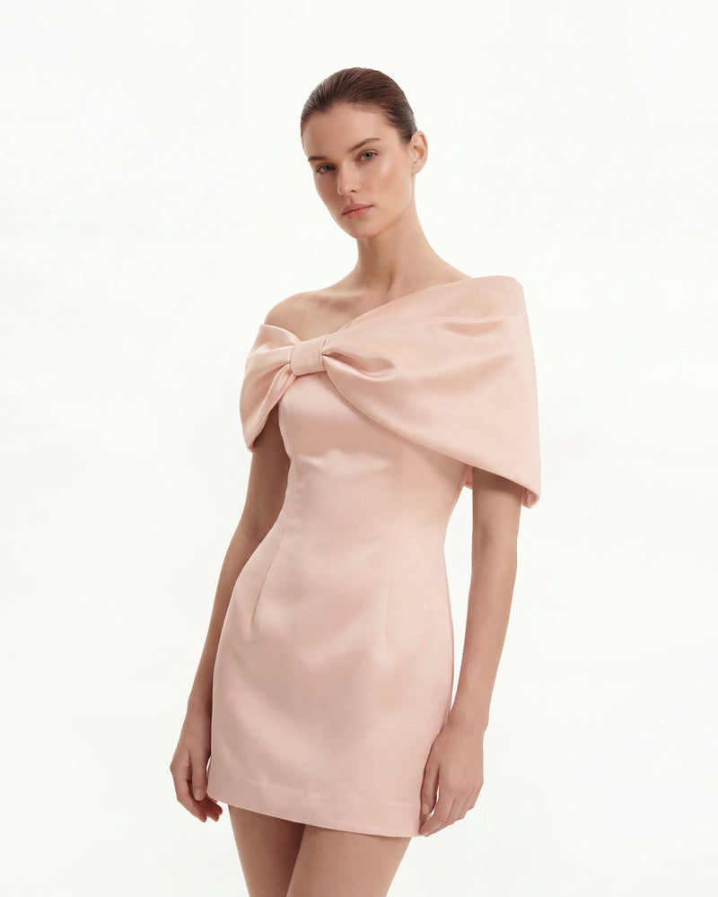 Satin Asymmetric Bow Mini Dress - Pink