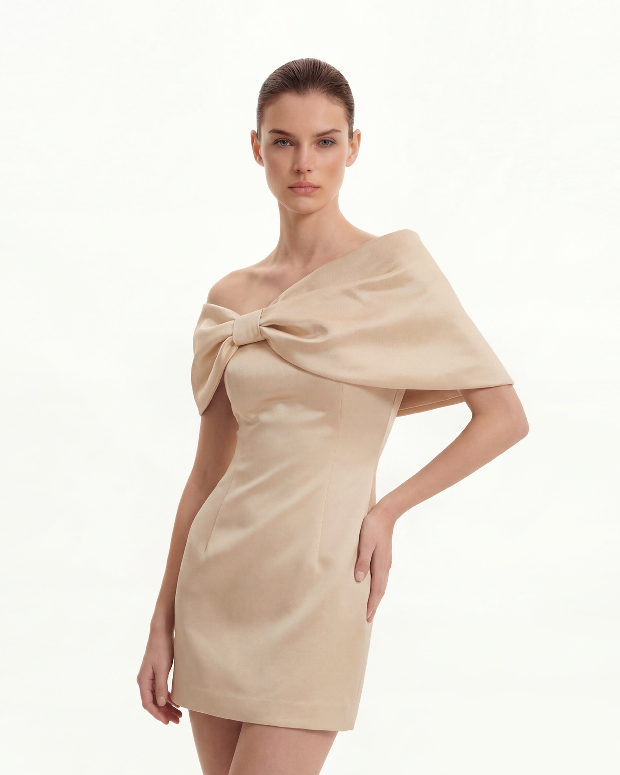 Satin Asymmetric Bow Mini Dress - Nude