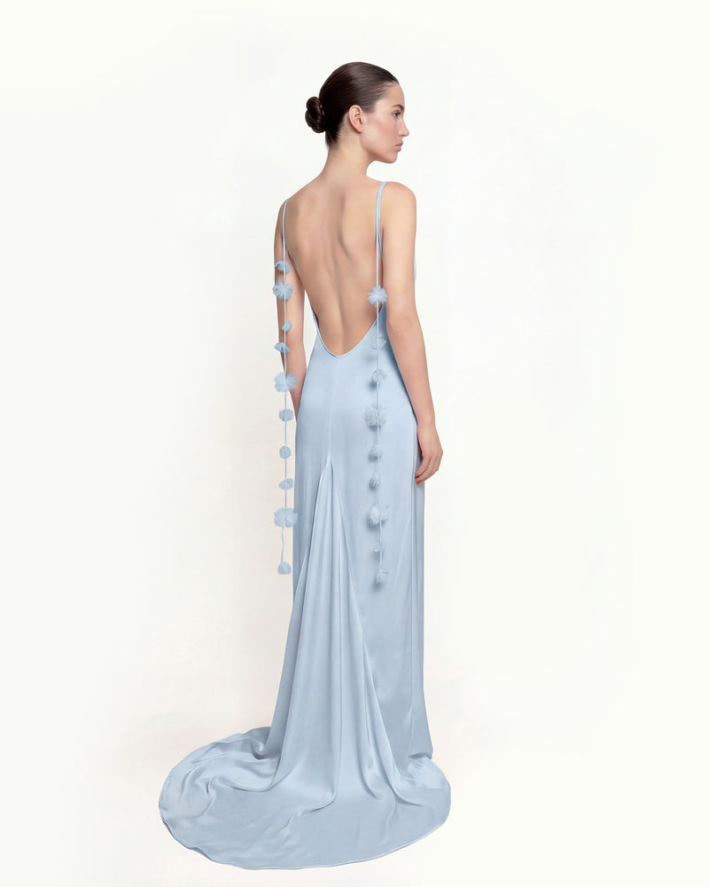 Satin Strappy Maxi Dress with Floral Streamers - Blue