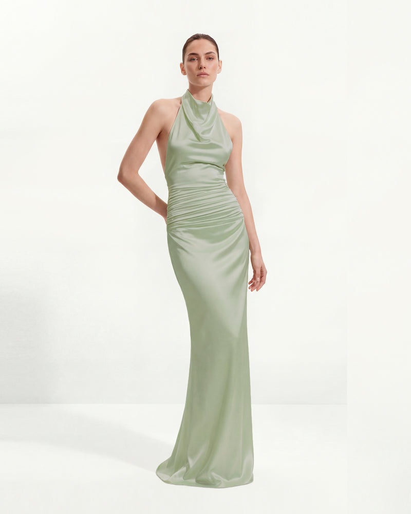 Satin Cowl Neck Ruched Maxi Gown - Green