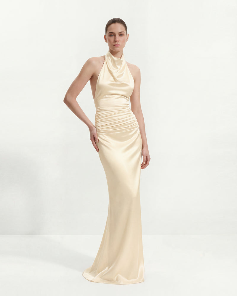 Satin Cowl Neck Ruched Maxi Gown - Yellow