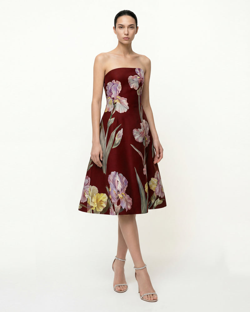 Iris Floral Print Strapless A-Line Dress - Burgundy