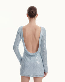 Diagonal Sequin Open-Back Long Sleeve Mini Dress - Blue