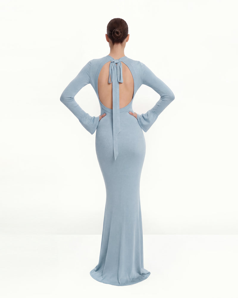 Open-Back Tie-Neck Knitted Maxi Dress - Blue