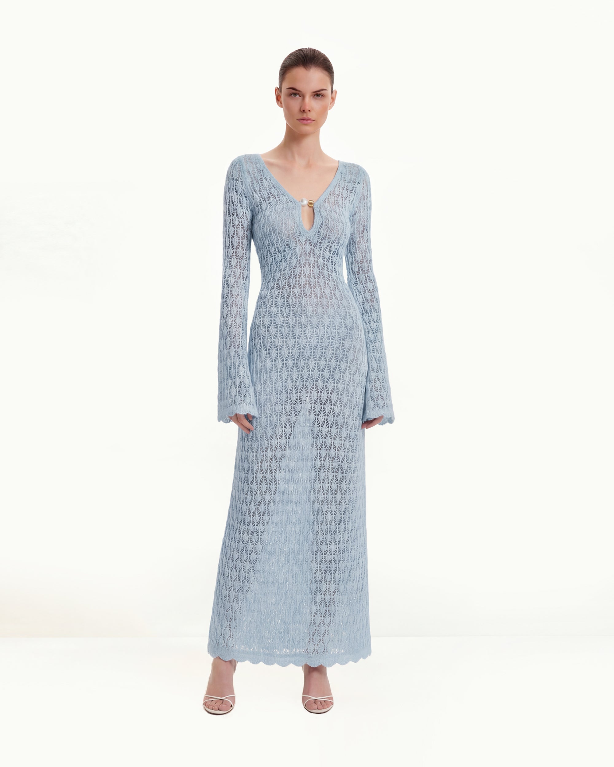 Pointelle Knit Keyhole Maxi Dress - Blue