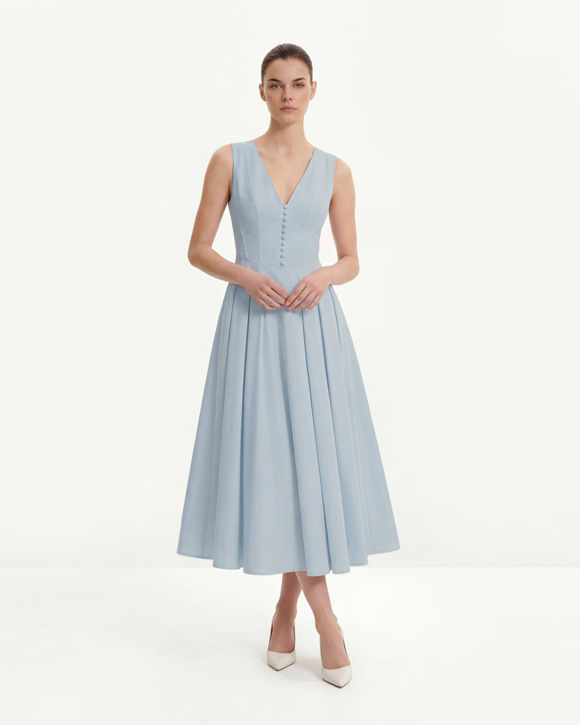 Front V-Neck Pleated Midi Dress - Blue