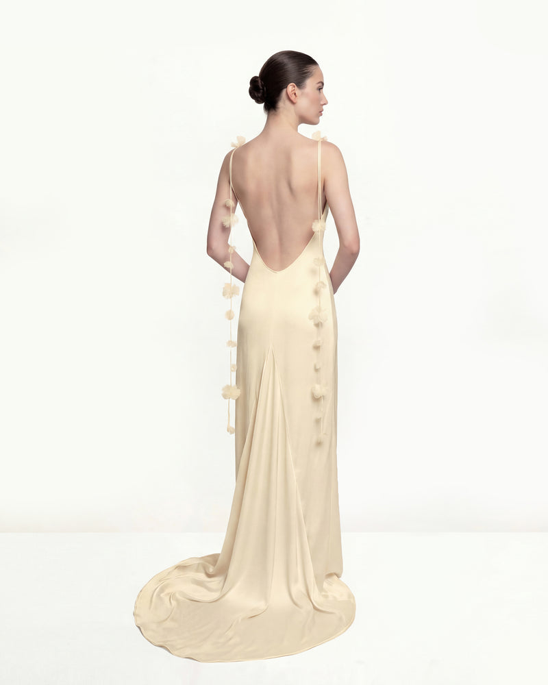 Satin Strappy Maxi Dress with Floral Streamers - Yellow