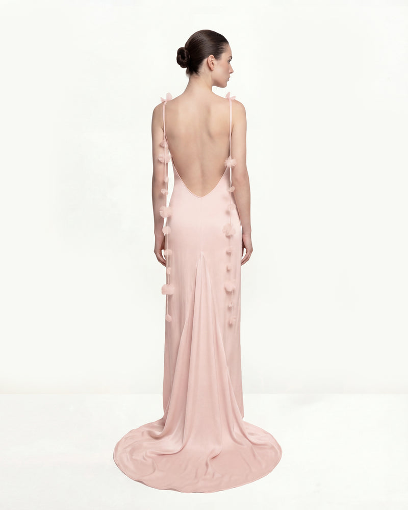 Satin Strappy Maxi Dress with Floral Streamers - Pink
