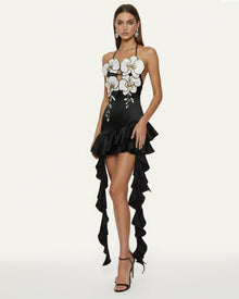 Orchid Embroidered Ruffle Hem Mini Dress - Black