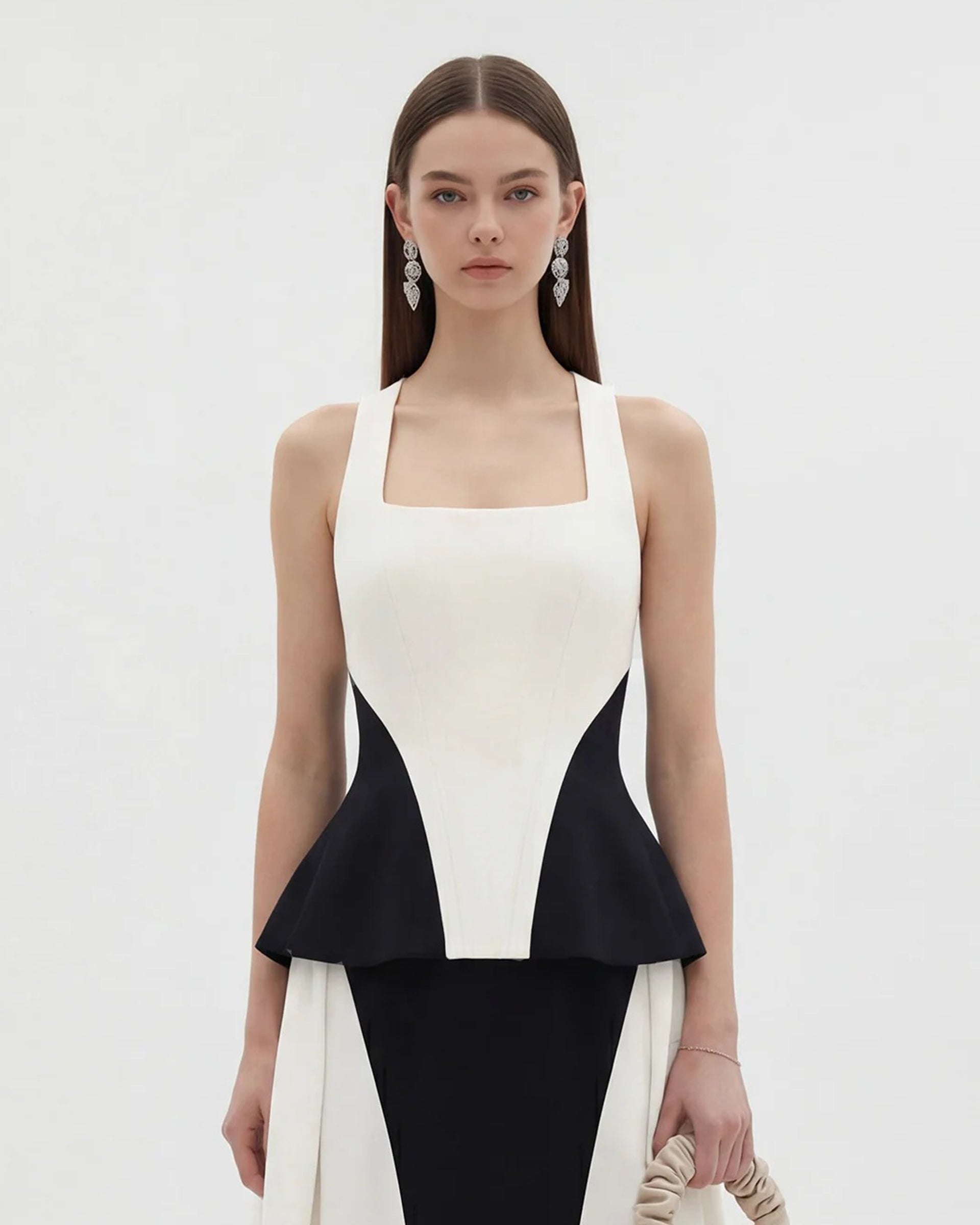 Monochrome Paneled Square-Neck Peplum Top - Black | JW PEI