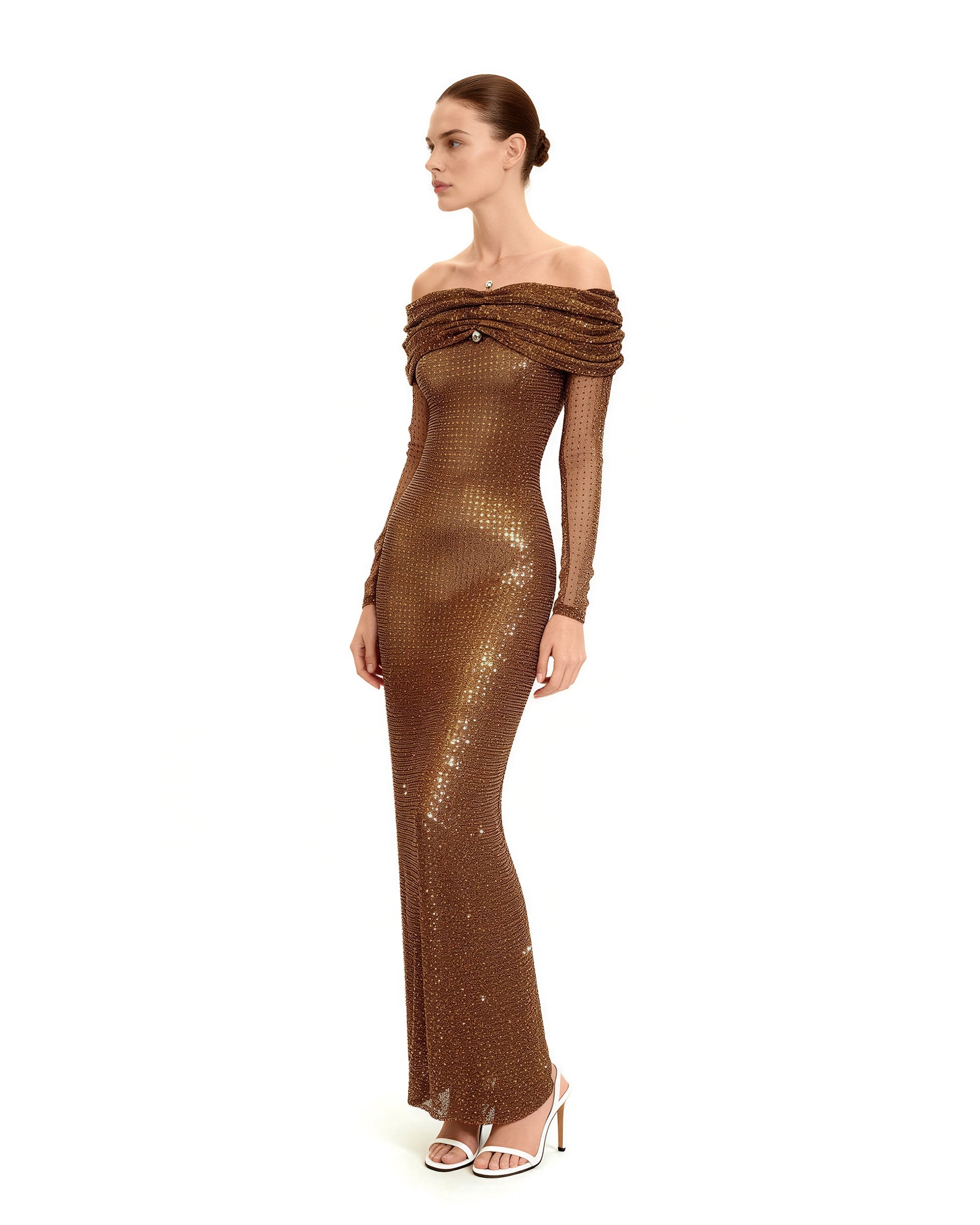 Rhinestone Mesh Off-Shoulder Maxi Dress - Brown | JW PEI Rhinestone Mesh Off-Shoulder Maxi Dress - Brown | JW PEI