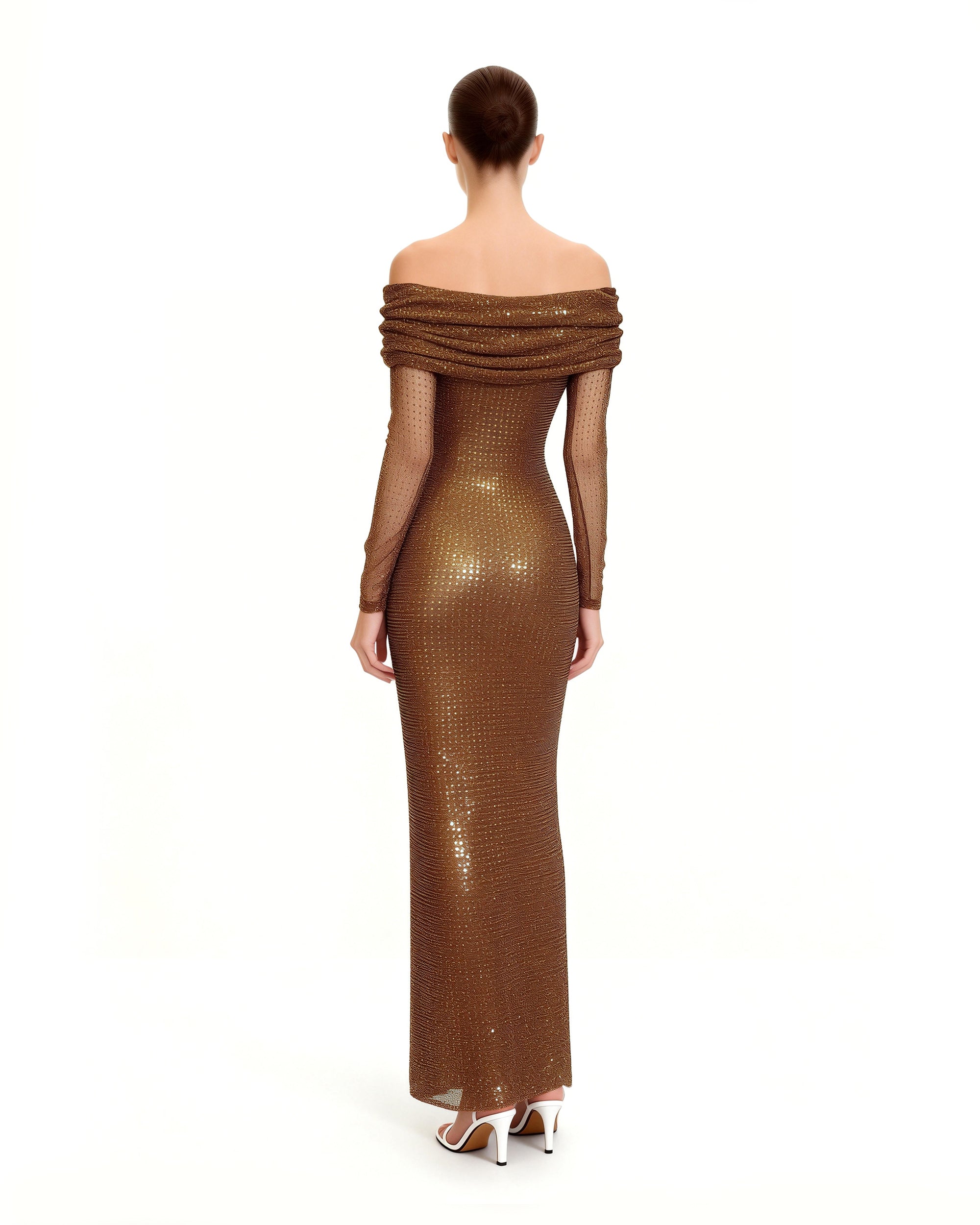 rhinestone gold dress Rhinestone Mesh Off-Shoulder Maxi Dress - Brown, 2