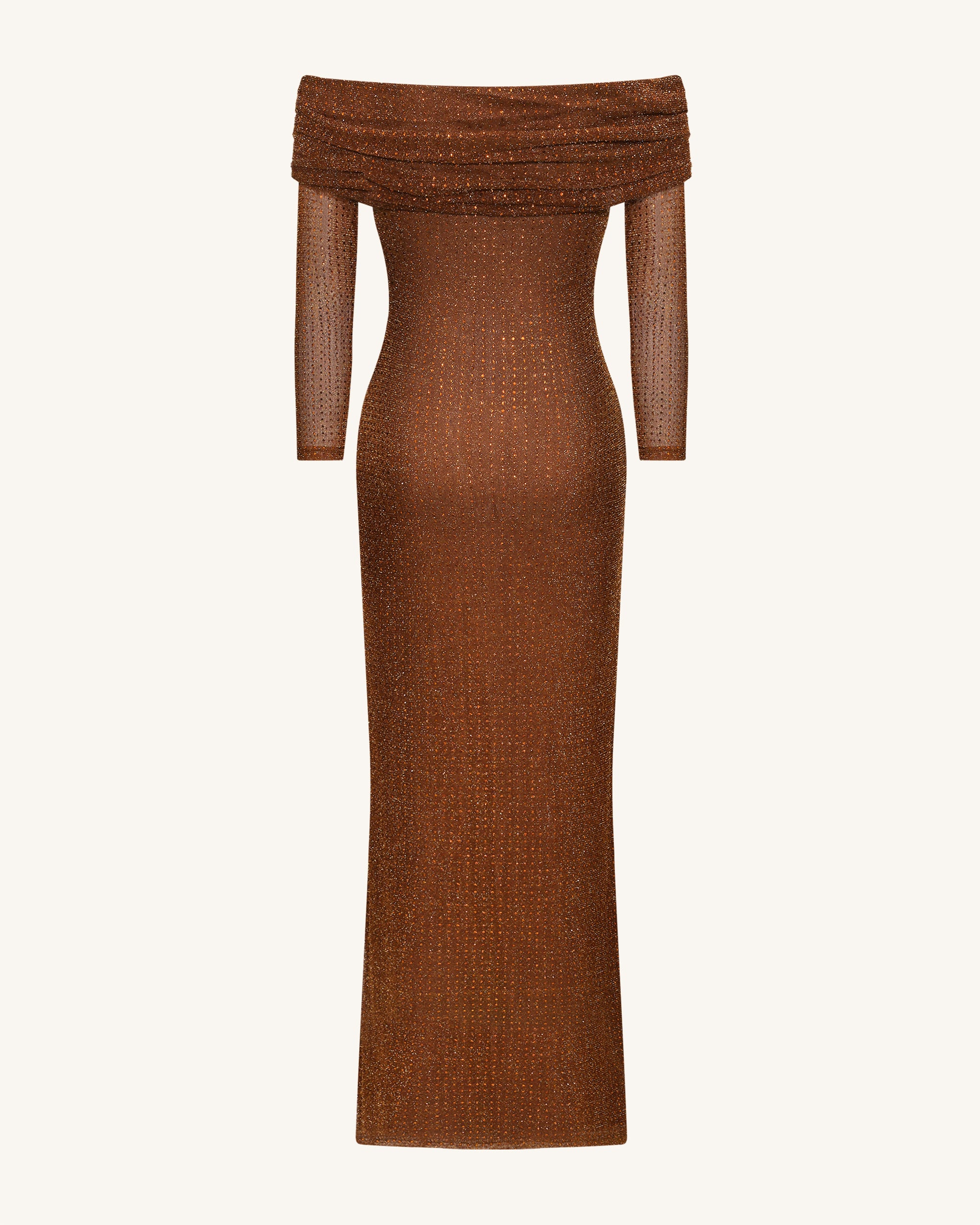 fitted lace wedding dress Rhinestone Mesh Off-Shoulder Maxi Dress - Brown, 2