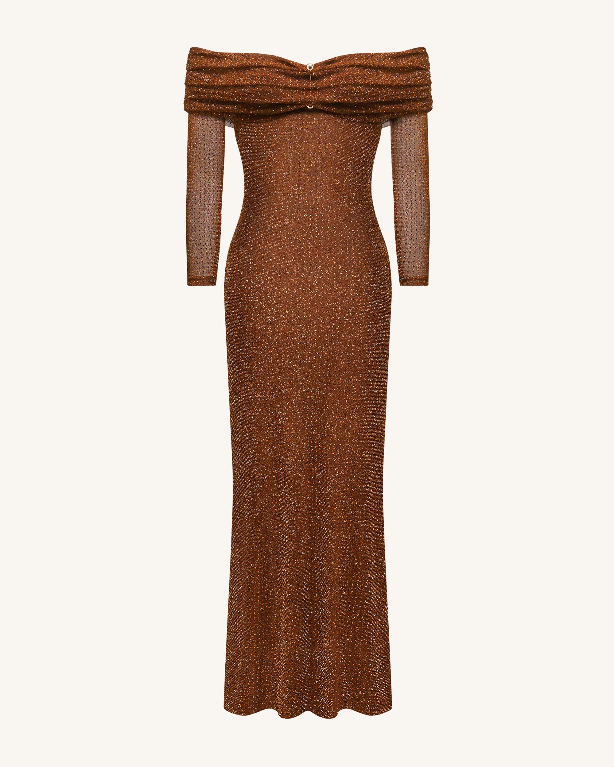 Rhinestone Mesh Off-Shoulder Maxi Dress - Brown 2 | US