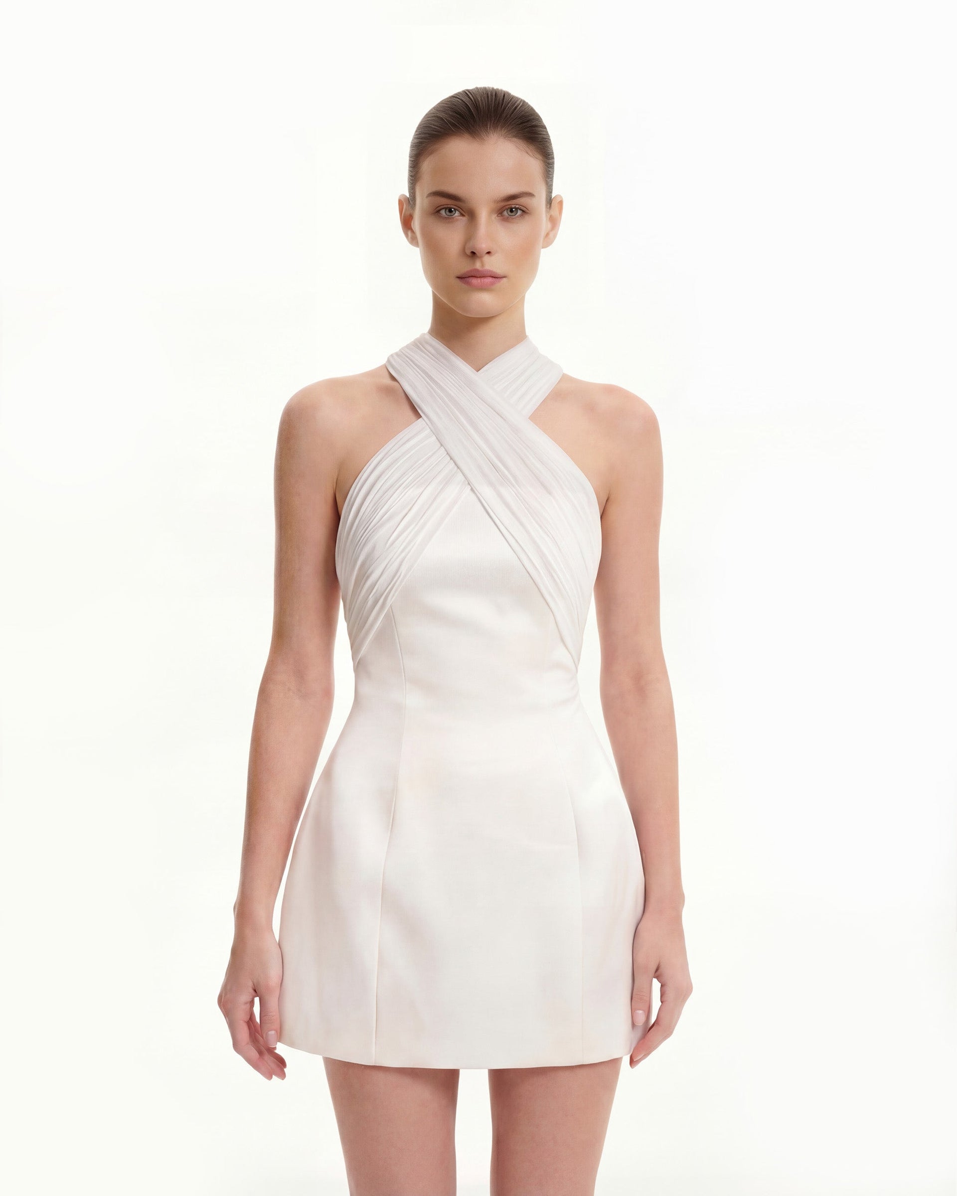 Satin Mini Dress with Tulle Cross-Halter - White 8