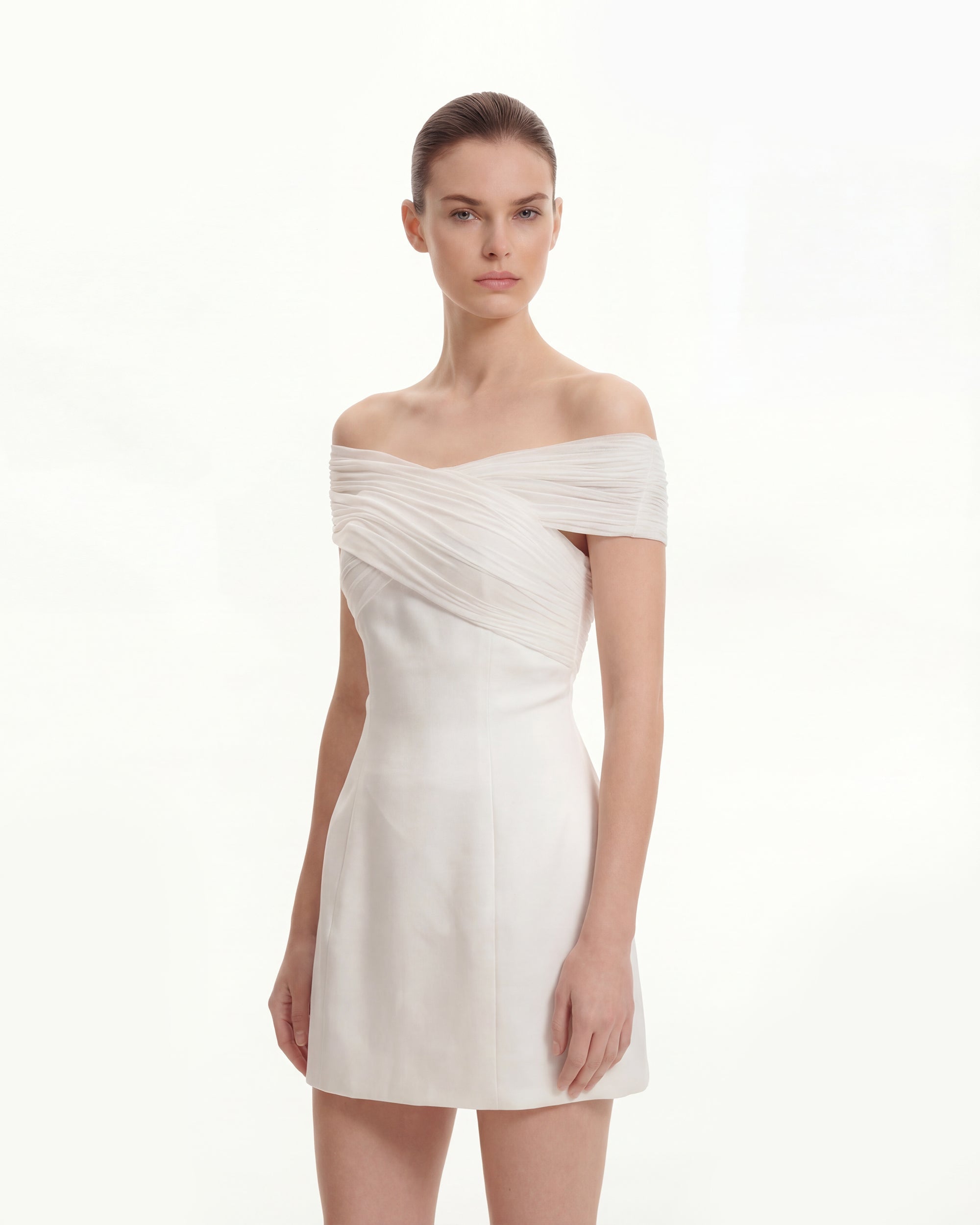 Satin Mini Dress with Tulle Cross-Halter - White 8 | US Satin Mini Dress with Tulle Cross-Halter - White 8 | US