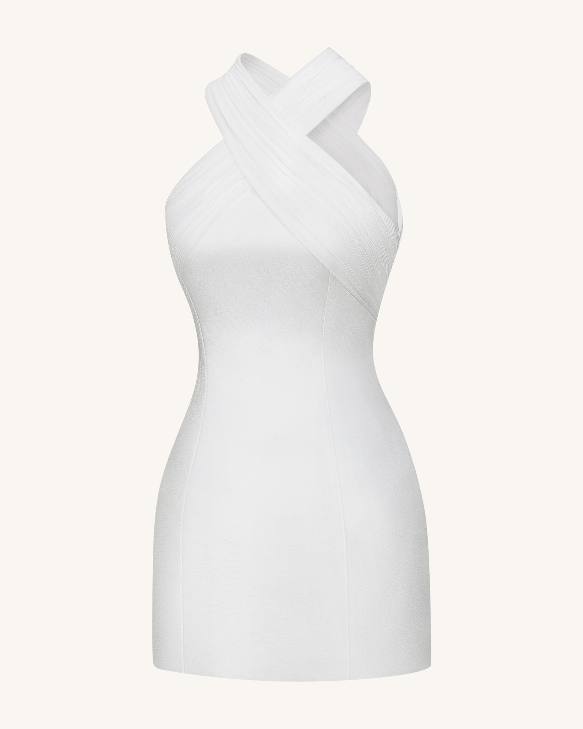 cross front mini dress Satin Mini Dress with Tulle Cross-Halter - White 8