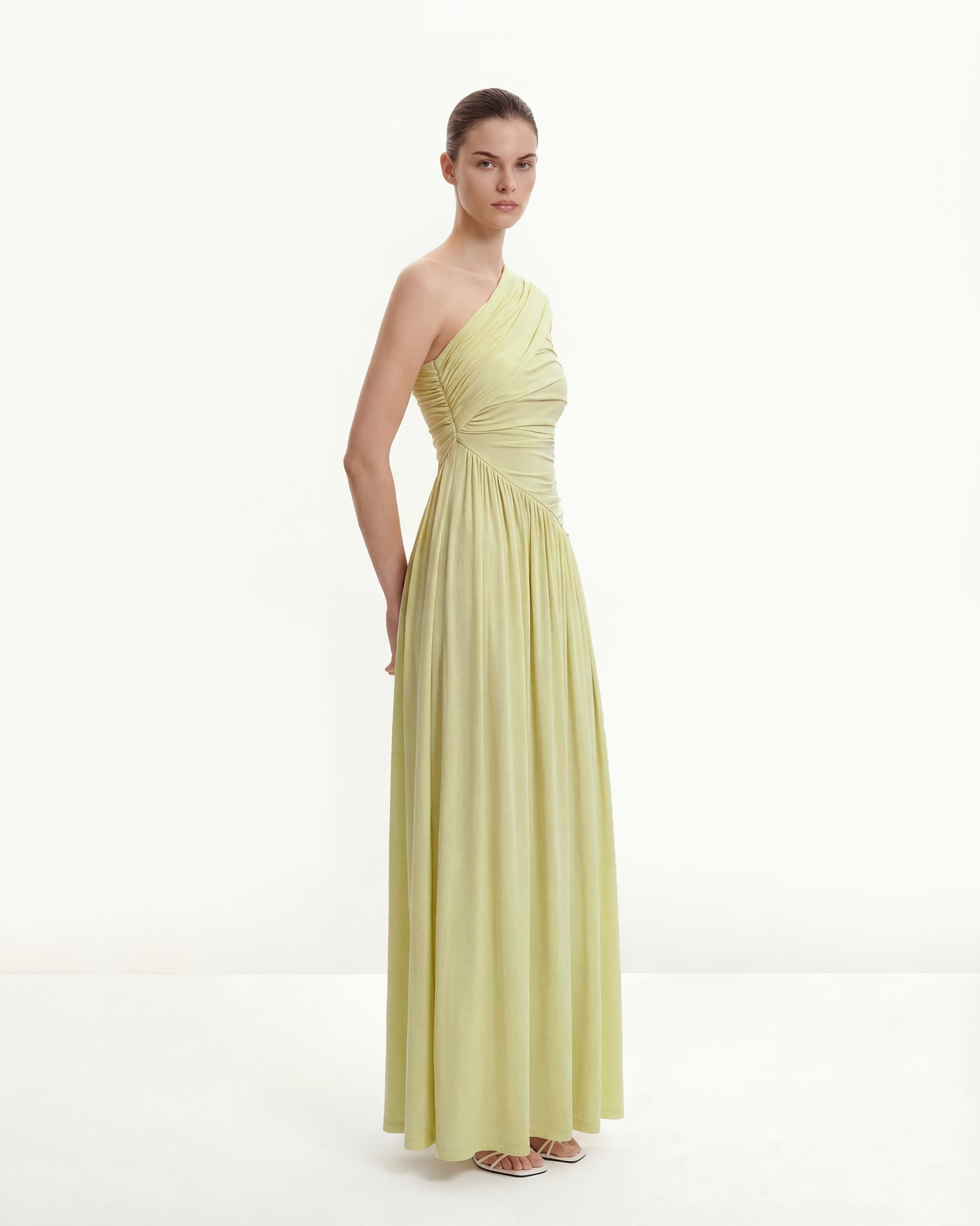 Ruched One-Shoulder Maxi Dress with Trailing Sash - Green Ruched One-Shoulder Maxi Dress with Trailing Sash - Green