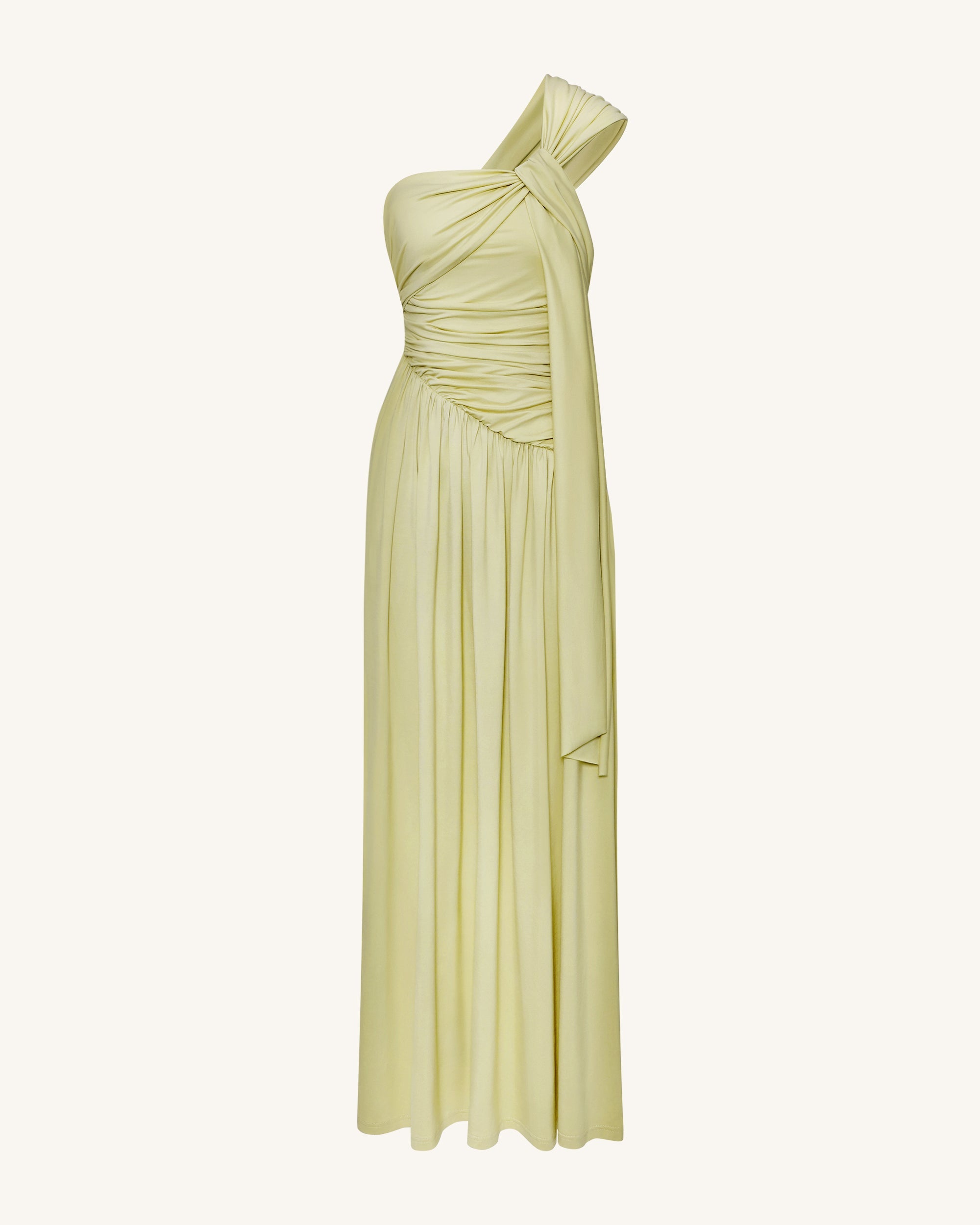 Ruched One-Shoulder Maxi Dress with Trailing Sash - Green Ruched One-Shoulder Maxi Dress with Trailing Sash - Green