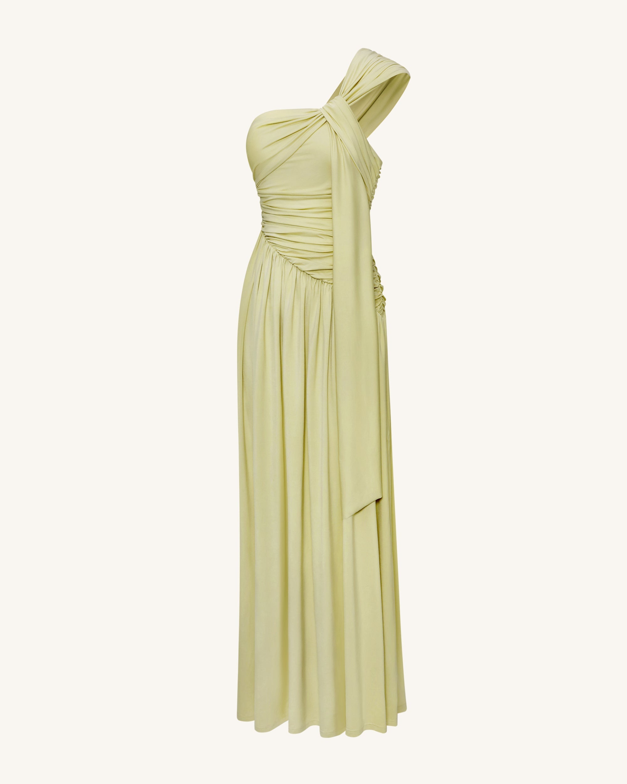 Ruched One-Shoulder Maxi Dress with Trailing Sash - Green Ruched One-Shoulder Maxi Dress with Trailing Sash - Green