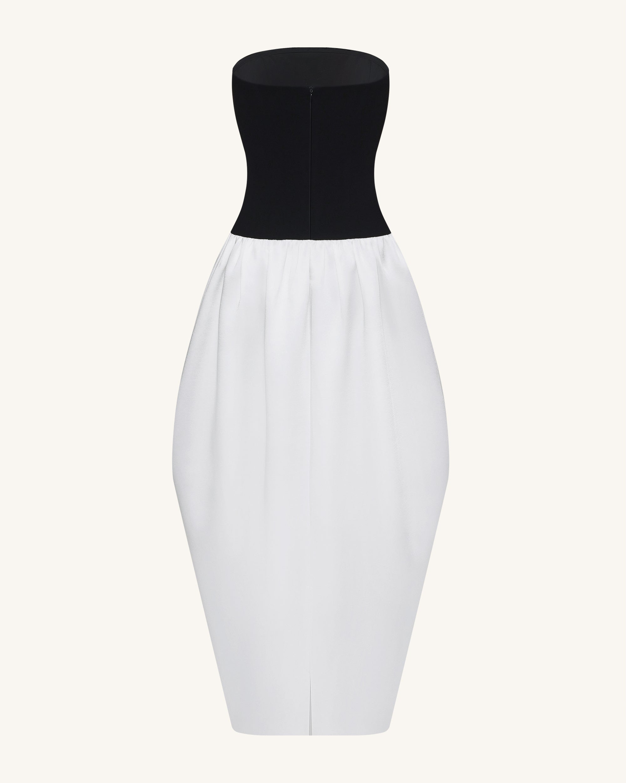 black and white strapless maxi dress Monochrome Paneled Strapless Sculptural Maxi Dress - Black 10
