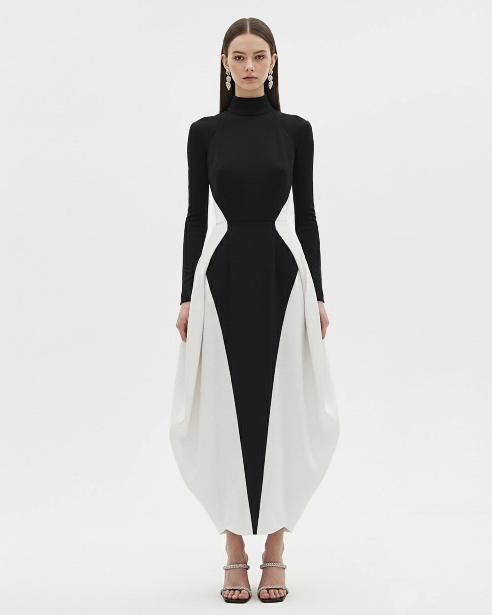 Monochrome Paneled Long-Sleeve Maxi Dress - Black 6 | US