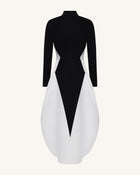 Monochrome Paneled Long-Sleeve Maxi Dress - Black