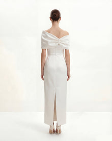 Satin Asymmetric Bow Maxi Dress - White