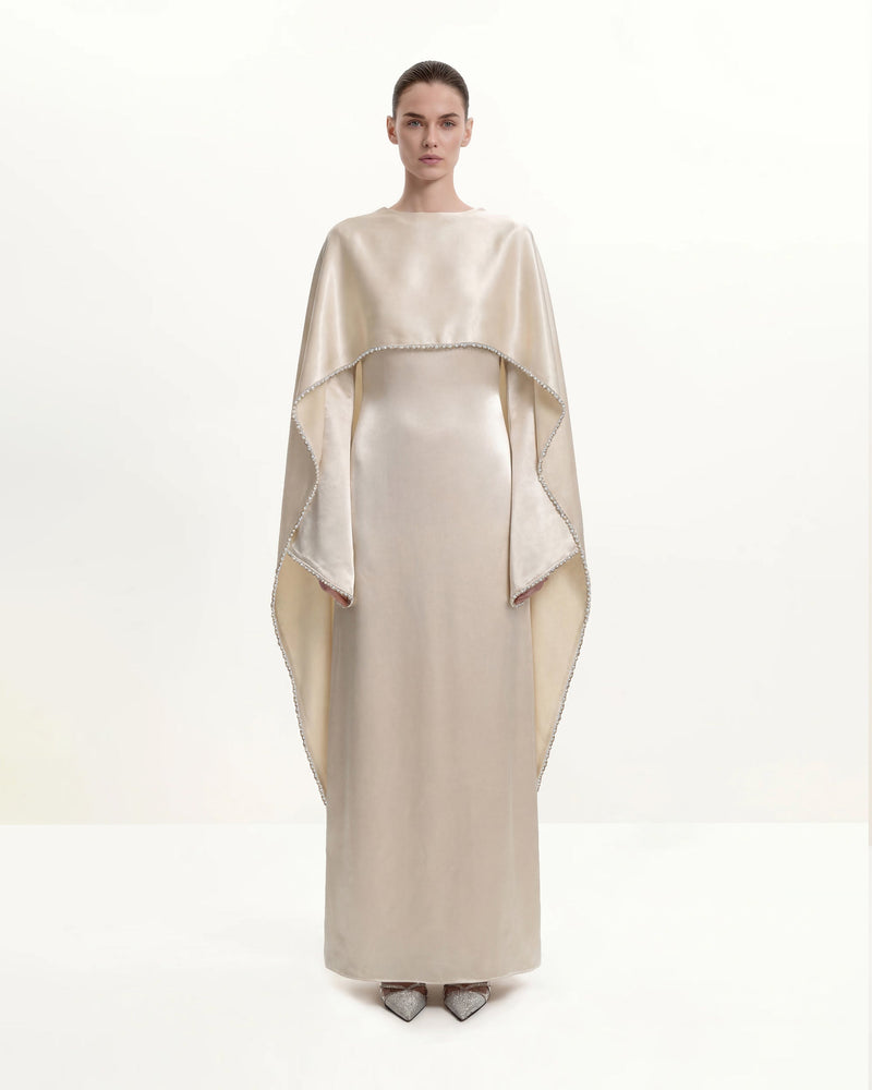 198Pearl-Trimmed Cape Sleeve Boat Neck Maxi Gown-Cream