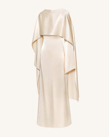 198Pearl-Trimmed Cape Sleeve Boat Neck Maxi Gown - Cream