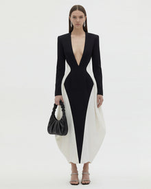 Monochrome Paneled Plunging V-Neck Long-Sleeve Maxi Dress - Black
