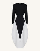 Monochrome Paneled Plunging V-Neck Long-Sleeve Maxi Dress - Black