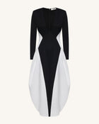 Monochrome Paneled Plunging V-Neck Long-Sleeve Maxi Dress - Black