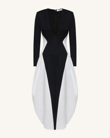 Monochrome Paneled Plunging V-Neck Long-Sleeve Maxi Dress - Black