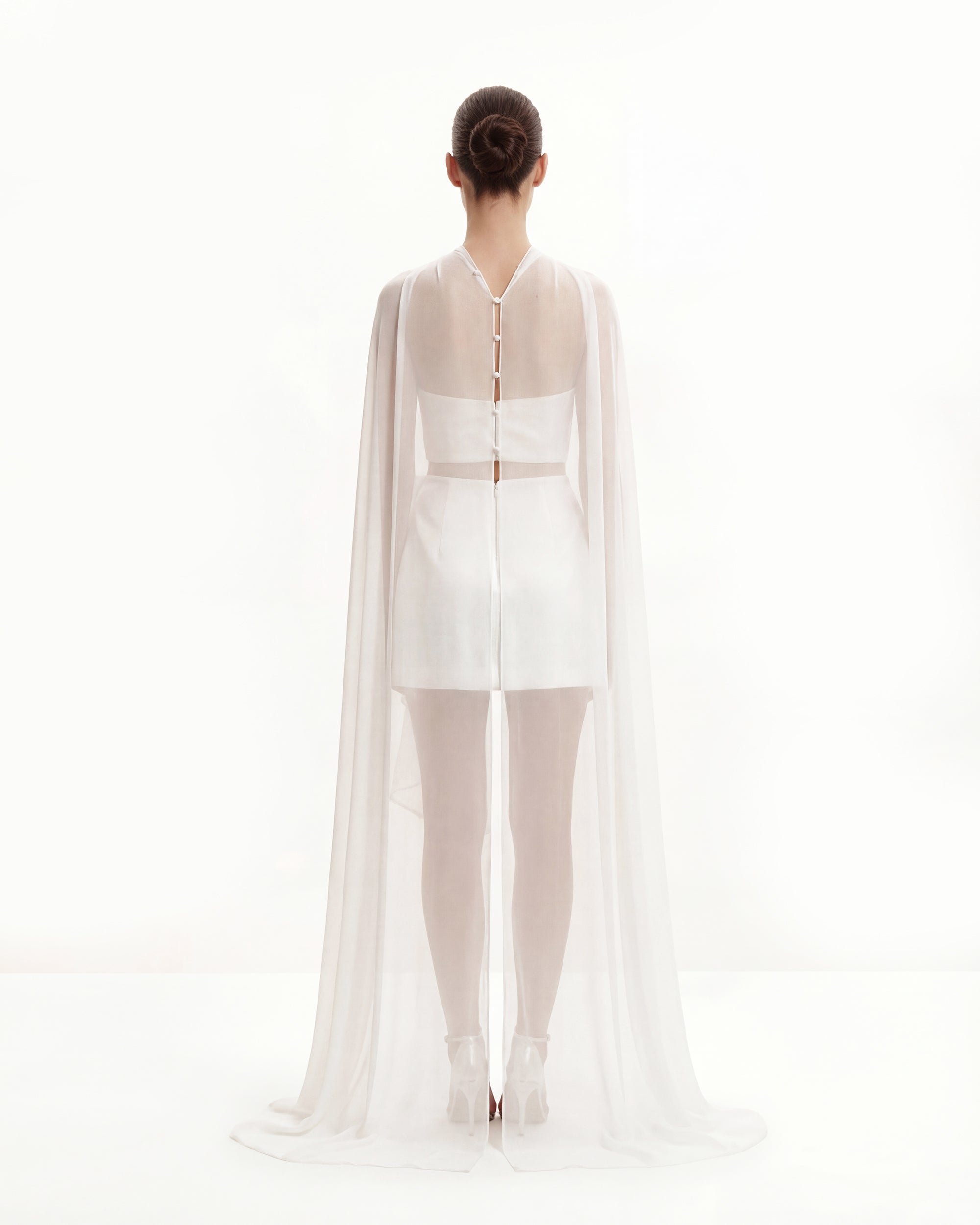 white dress with sheer shawl Scarf-Detail Strapless Gown in Ivory - 2