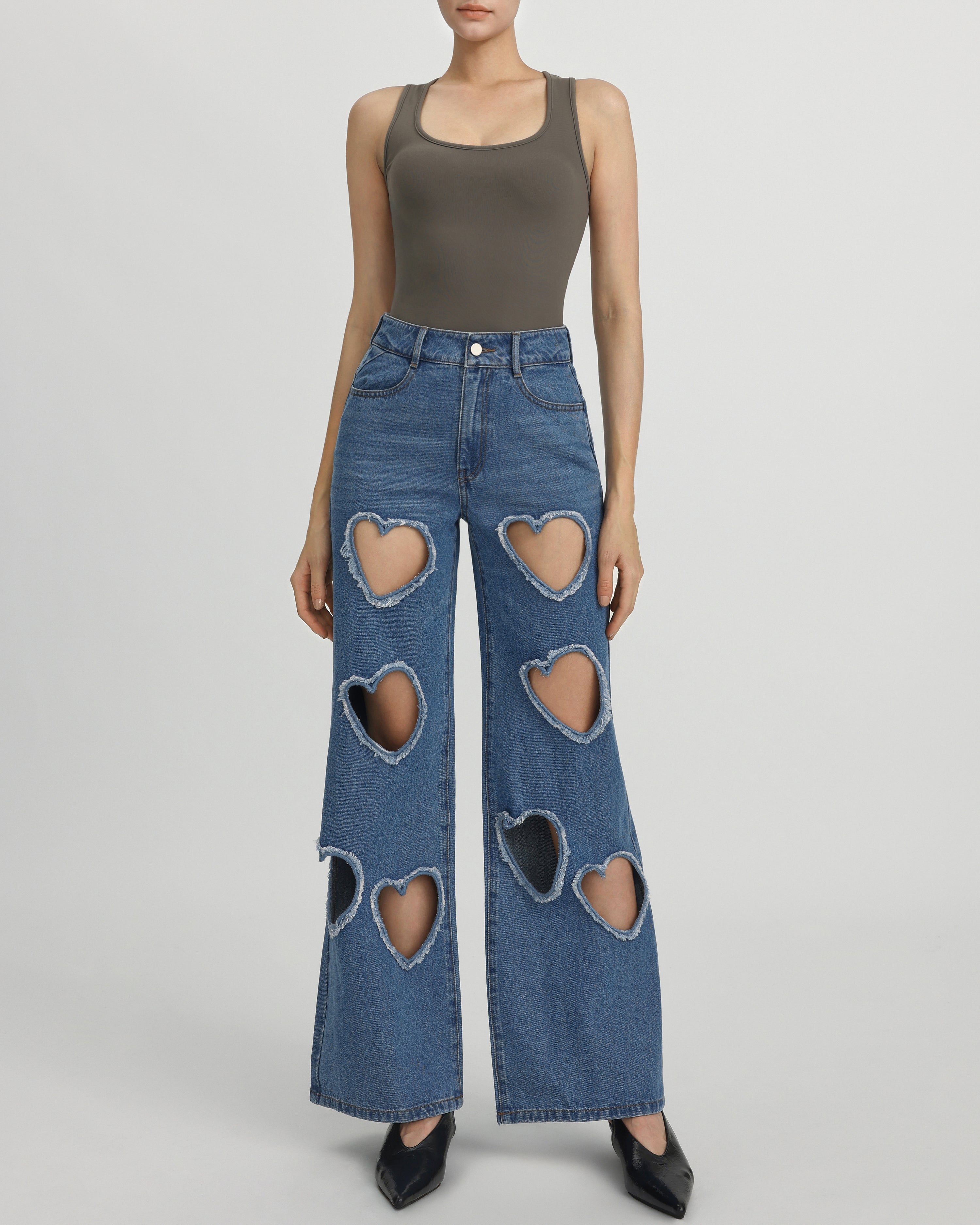 Sophia Embellished Heart Cut-Out Denim Jeans - Medium Blue | JW PEI