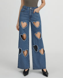 Sophia Embellished Heart Cut-Out Denim Jeans - Medium Blue