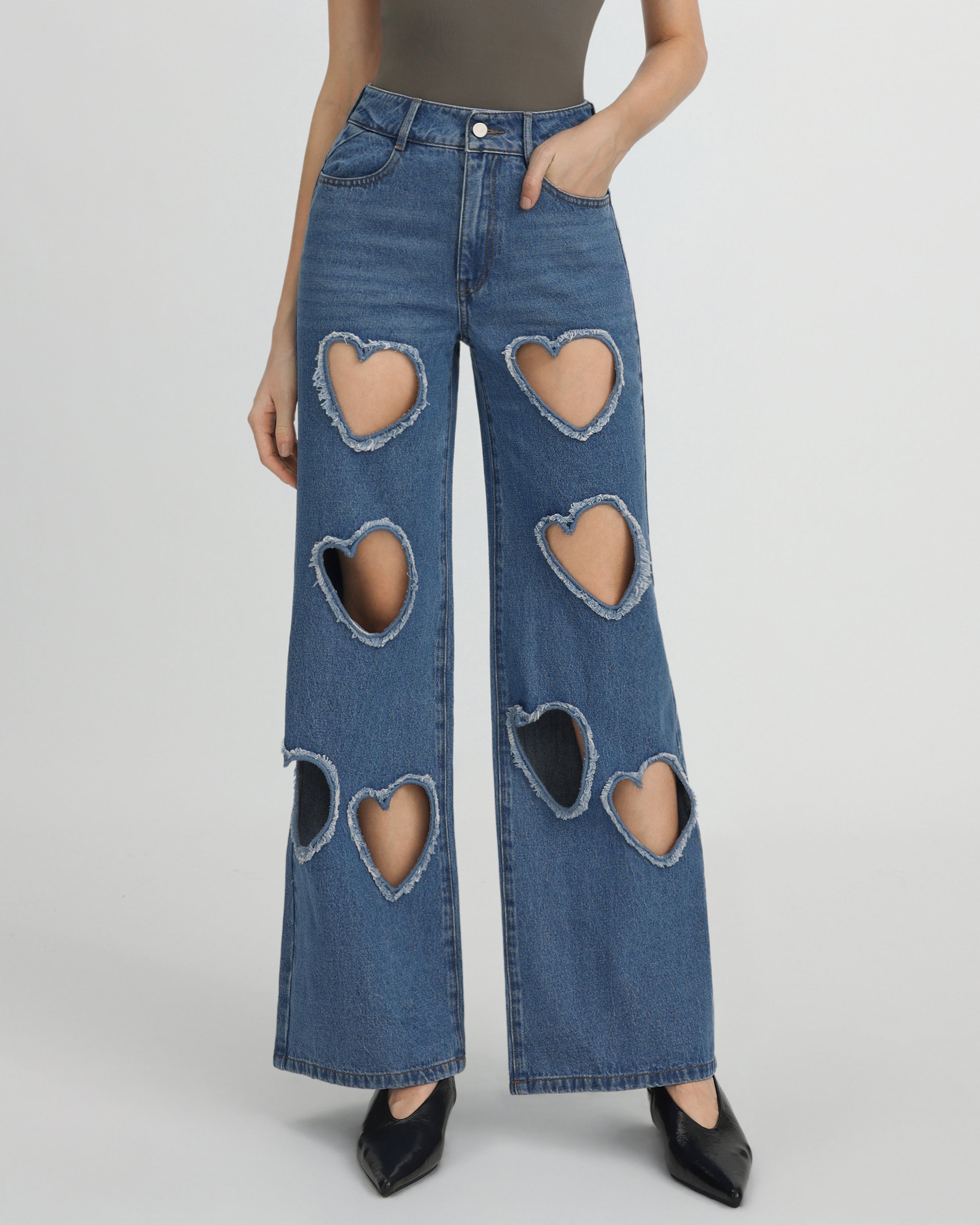 Sophia Embellished Heart Cut-Out Denim Jeans - Medium Blue