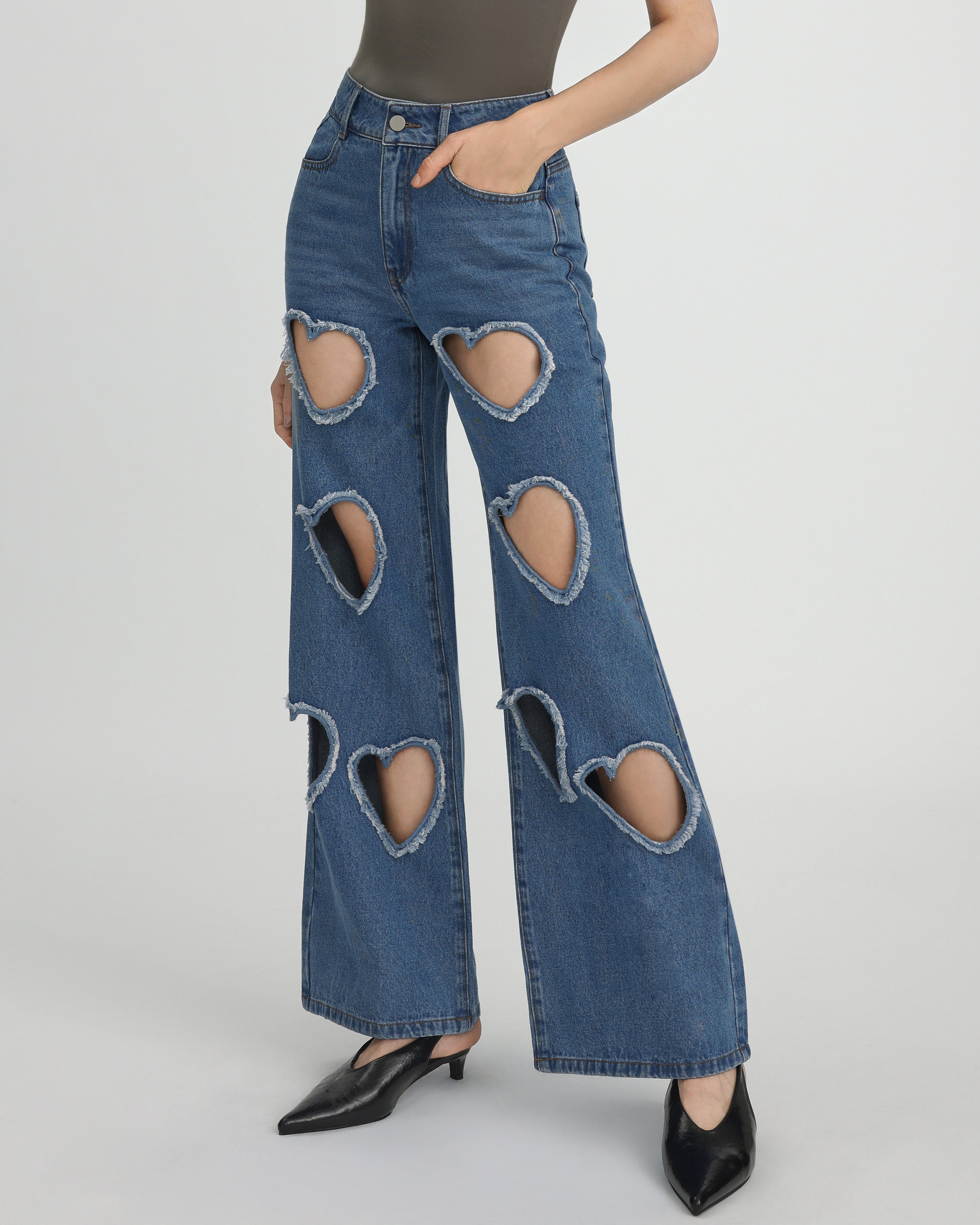 Sophia Embellished Heart Cut-Out Denim Jeans - Medium Blue | JW PEI