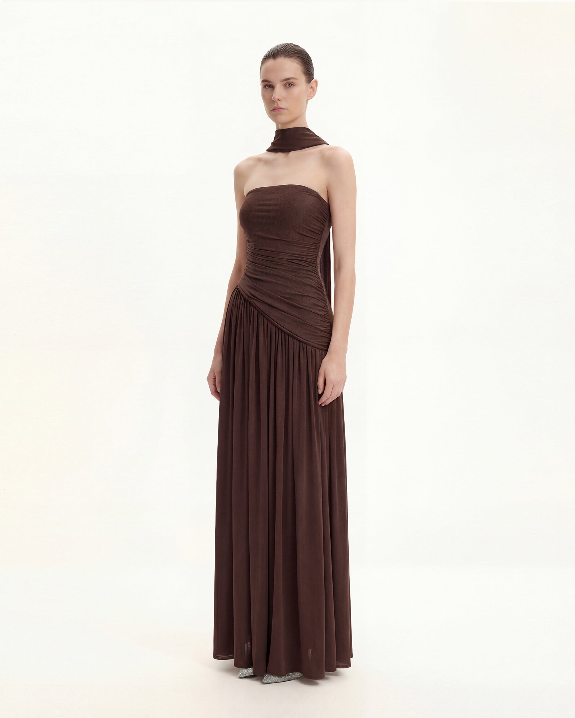 Ruched Panel Strapless Maxi Dress - Brown | JW PEI Ruched Panel Strapless Maxi Dress - Brown | JW PEI
