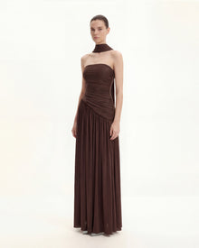 strapless ruched modal cashmere blend maxi dress in chestnut brown Junia Strapless Ruched Maxi Dress ELYCHARM LTD