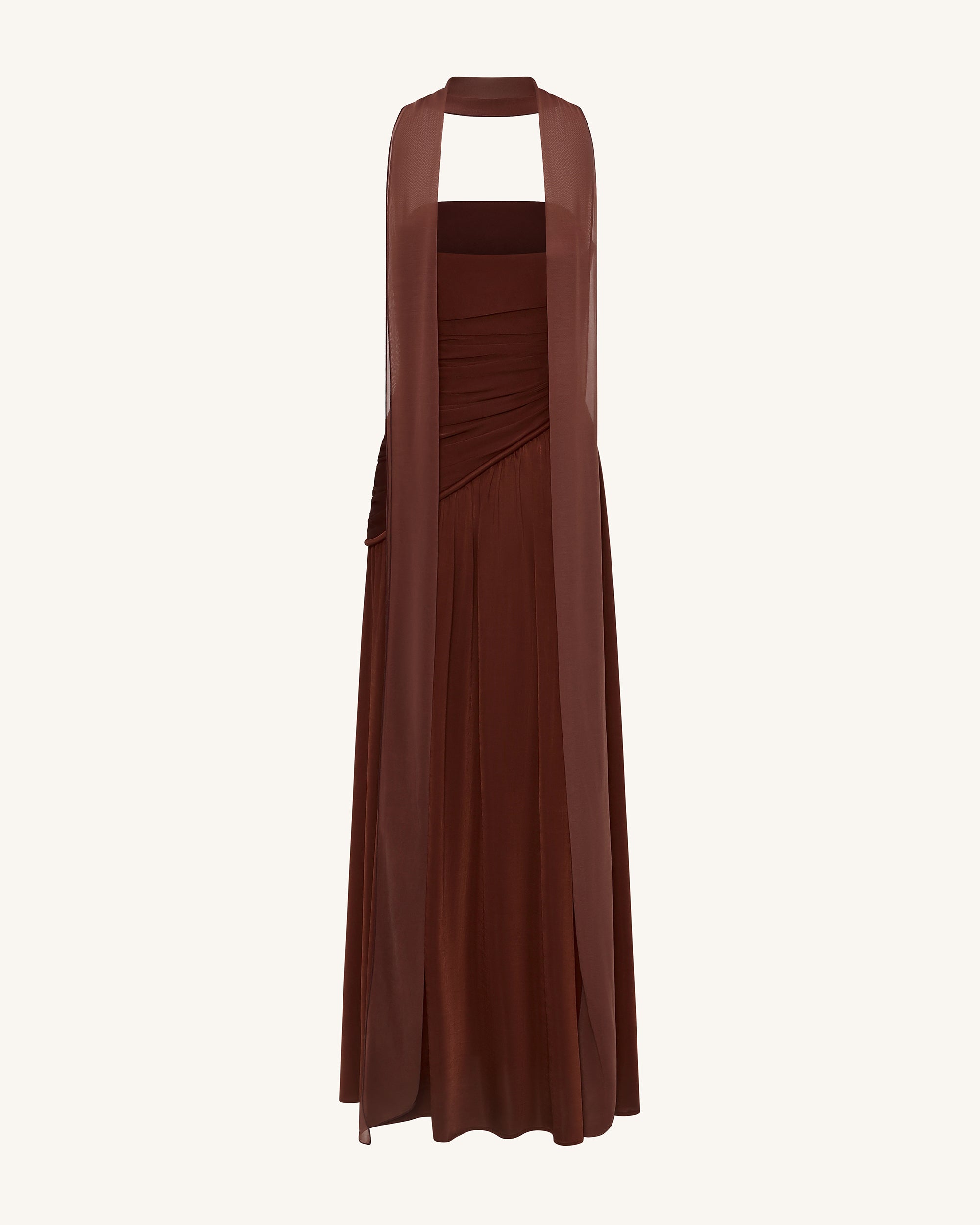 Ruched Panel Strapless Maxi Dress - Brown