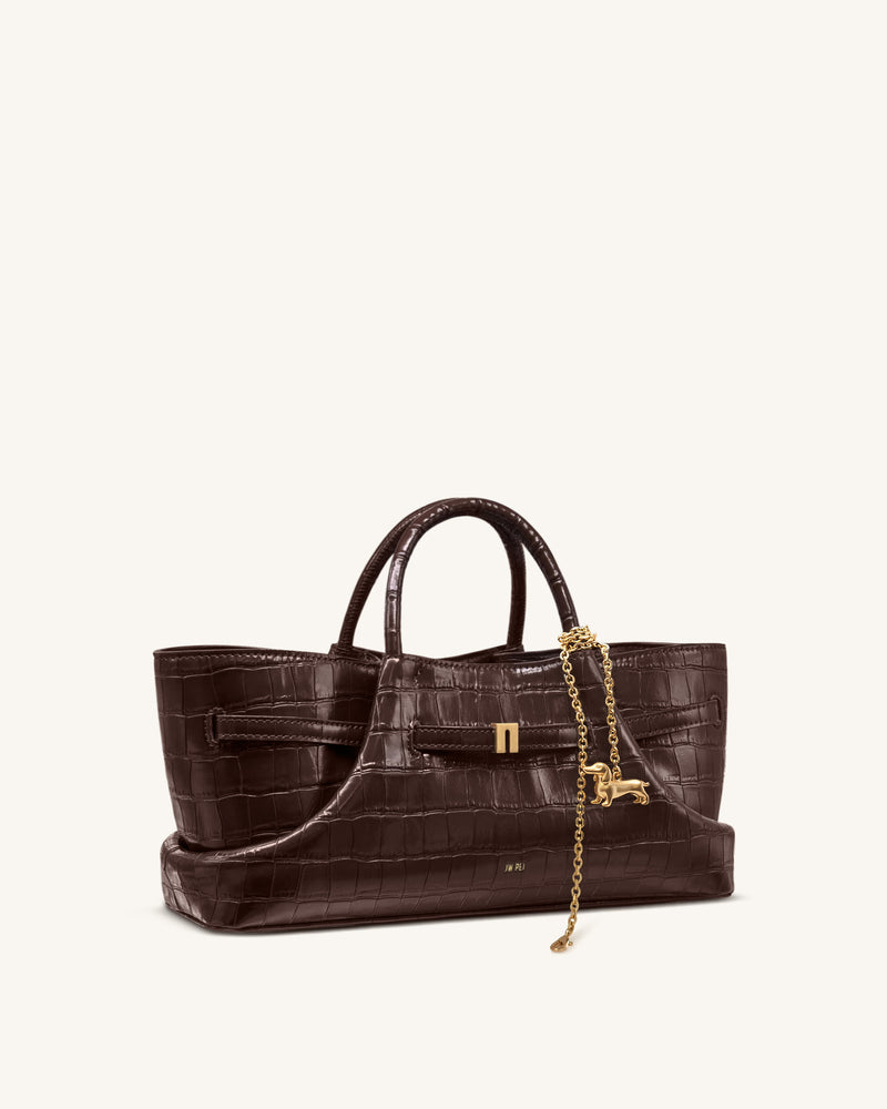 Maeve Dachshund Metal Charm Tote Bag - Dark Brown Croc