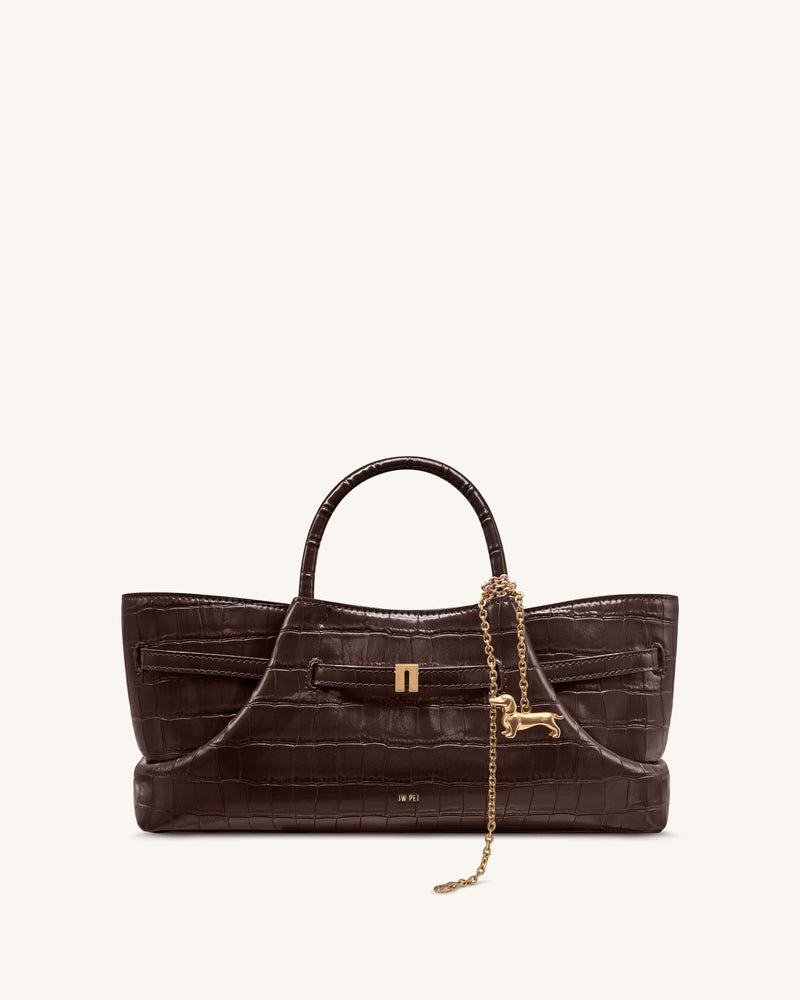 Maeve Dachshund Metal Charm Tote Bag - Dark Brown Croc