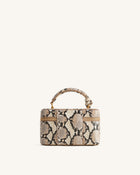 Cleo Snake-Embossed Box Shape Top Handle Bag - Beige