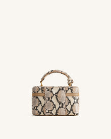 Cleo Snake-Embossed Box Shape Top Handle Bag - Beige