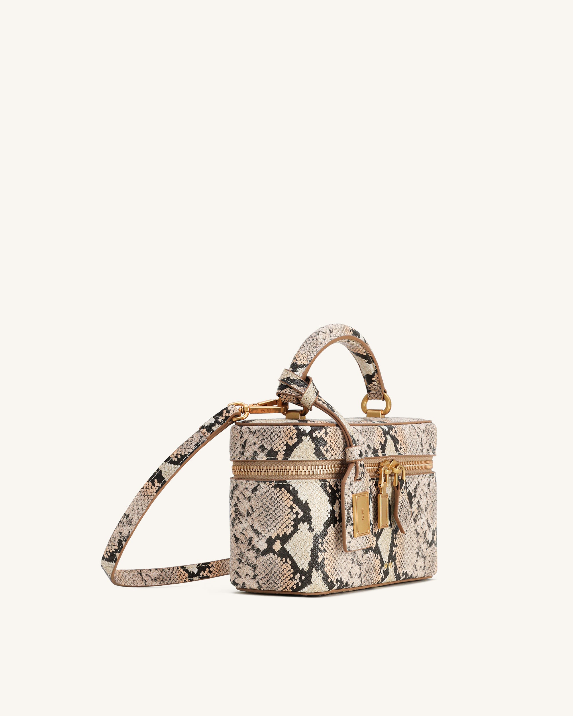 Cleo Snake-Embossed Box Shape Top Handle Bag - Beige | JW PEI