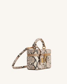 Cleo Snake-Embossed Box Shape Top Handle Bag - Beige