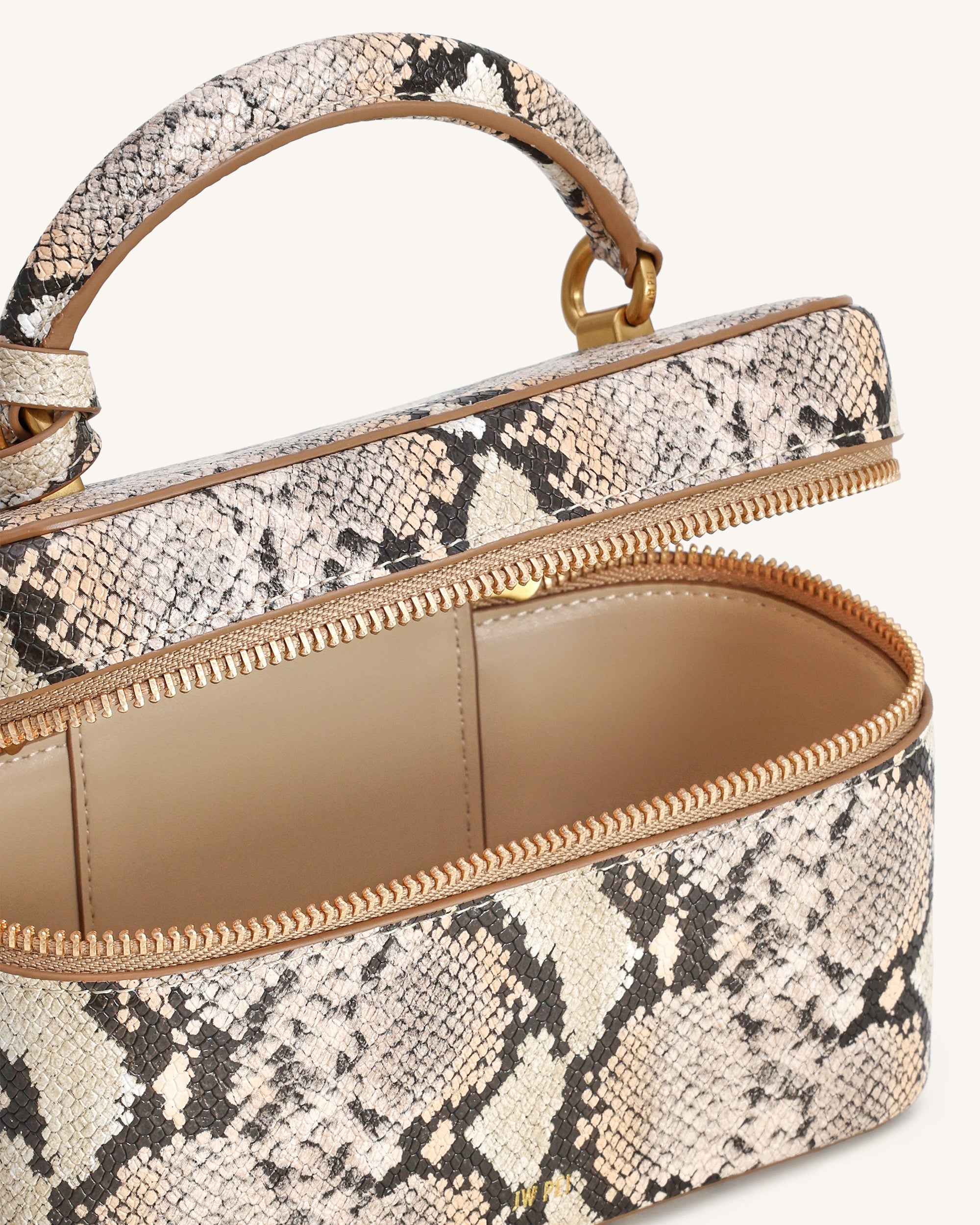 Cleo Snake-Embossed Box Shape Top Handle Bag - Beige | JW PEI