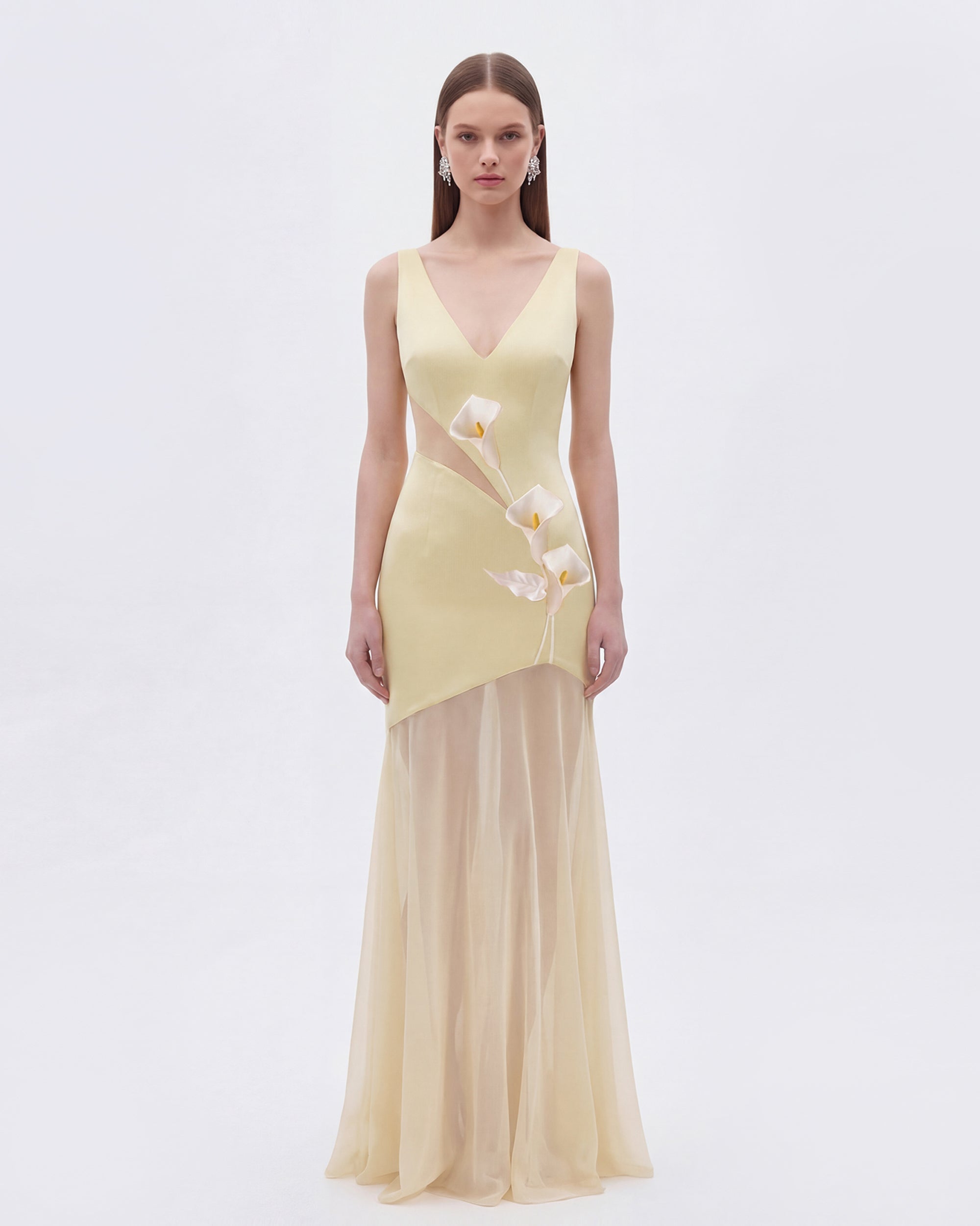 Floral Sheer Panel Dress - Light Yellow